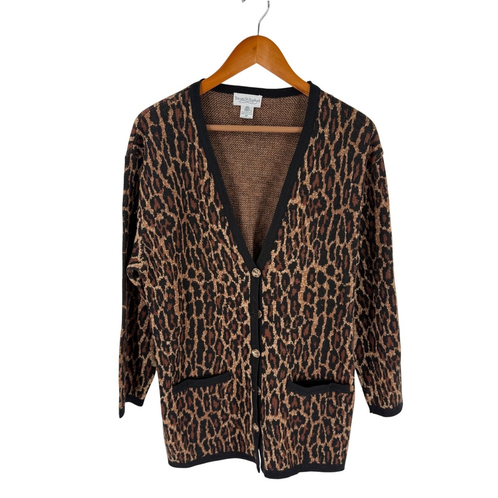 Vintage Pure New Wool Tricots St Raphael Cardigan Brown Medium Animal Print